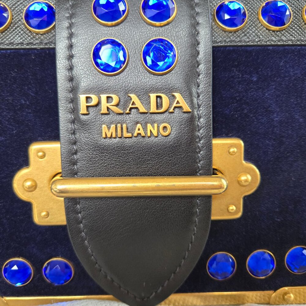 Prada Cahier Navy Blue Velvet City Calf Saffiano Leather Crystal Handbag Bag - Picture 7 of 12